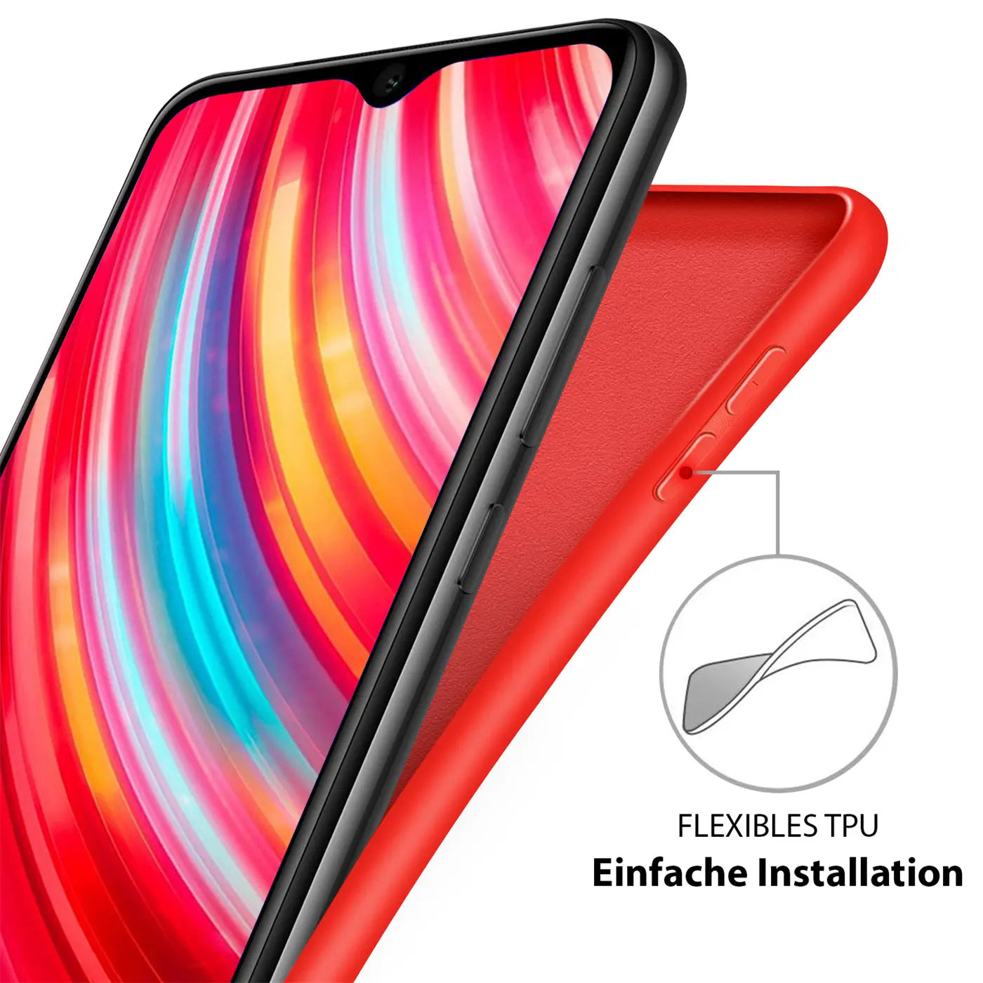 Rote Silikonhülle mit Mikrofaser-Innenfutter, seitliche Ansicht, zeigt Xiaomi Mi Note 10 / Pro.