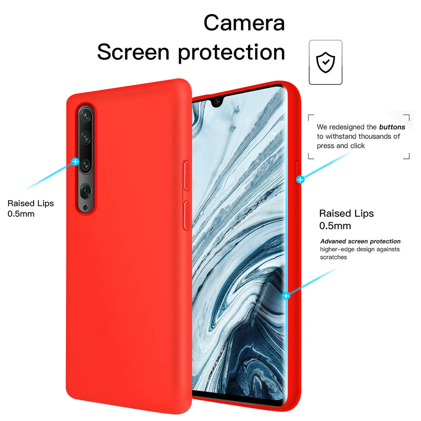 Rote Silikonhülle für Xiaomi Mi Note 10 / Pro, von vorne und Seite gezeigt.