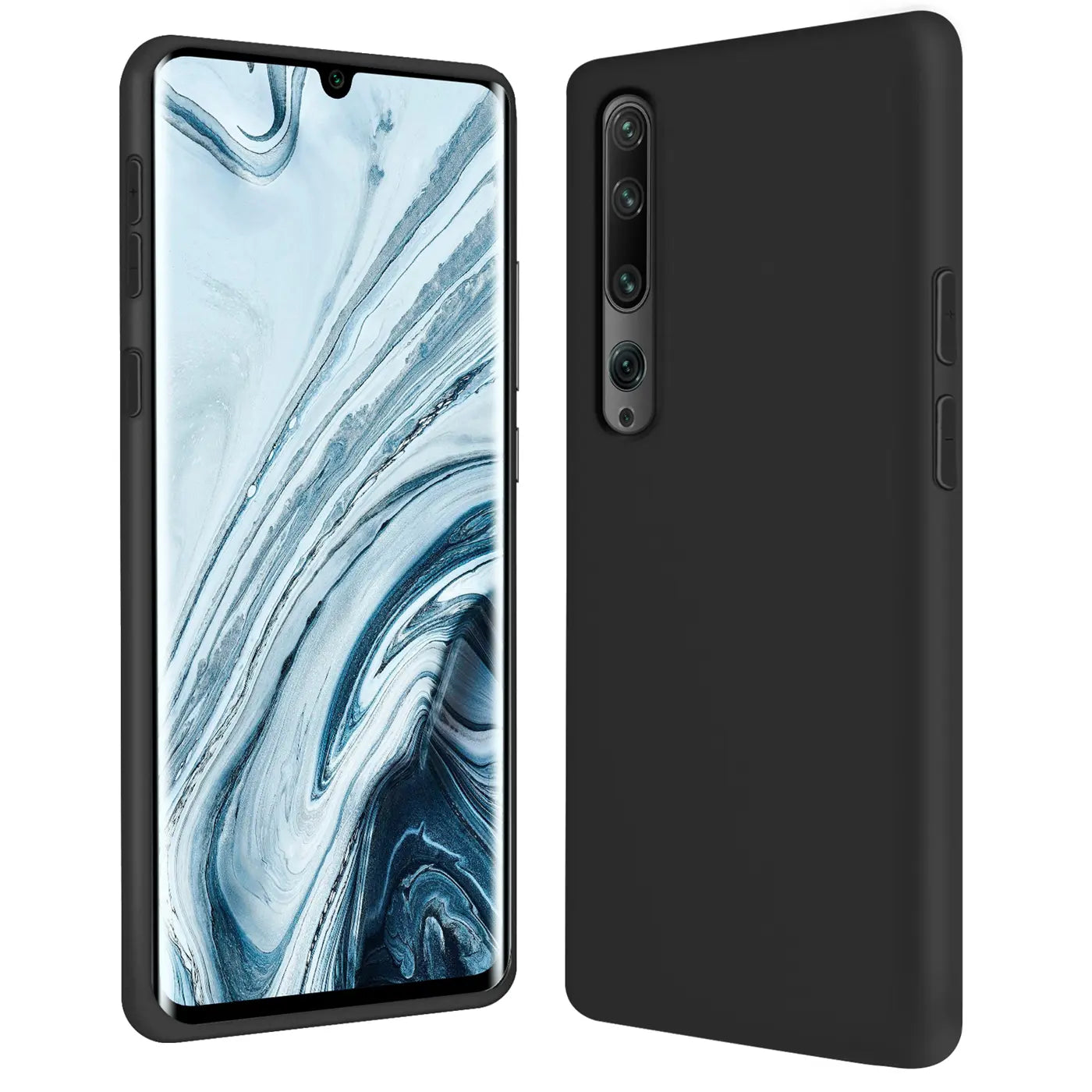 Schwarze Silikonhülle für Xiaomi Mi Note 10 / Pro, von hinten und vorne gezeigt.