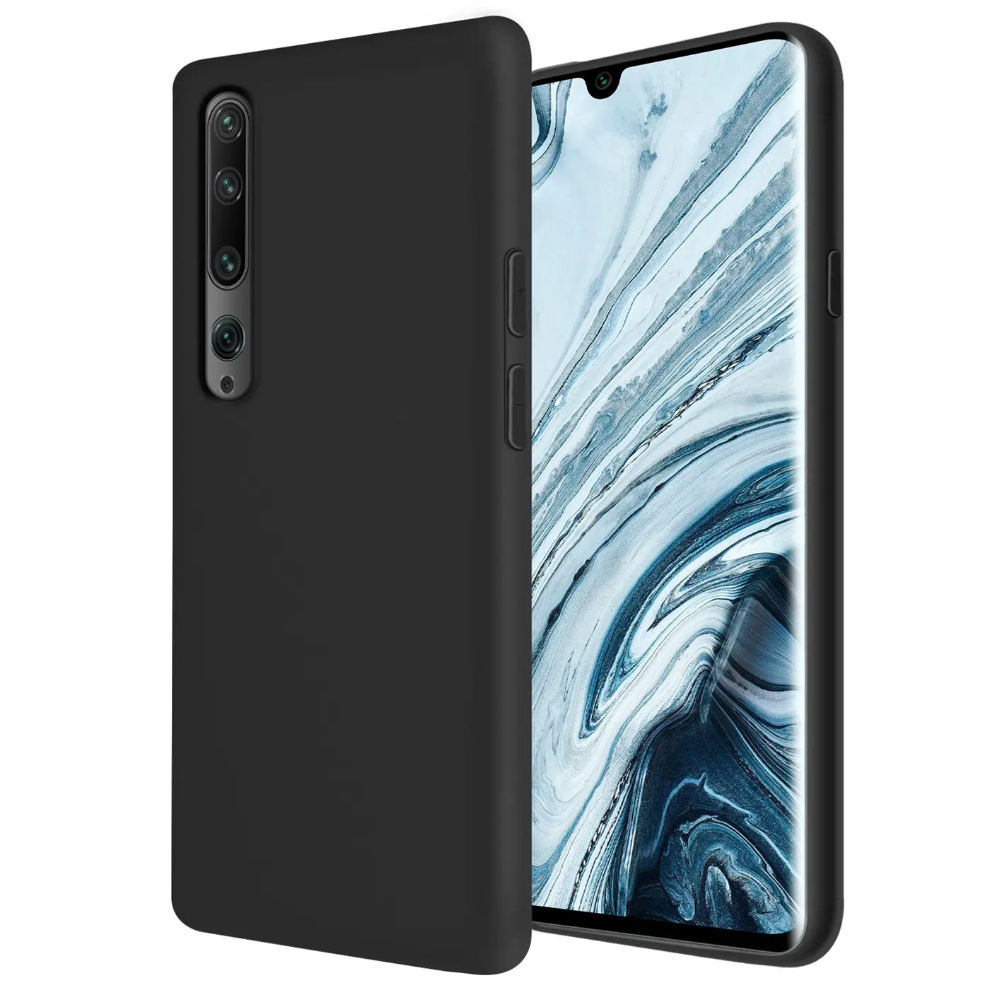 Schwarze Silikonhülle mit Mikrofaser-Innenfutter, seitliche Ansicht, zeigt Xiaomi Mi Note 10 / Pro