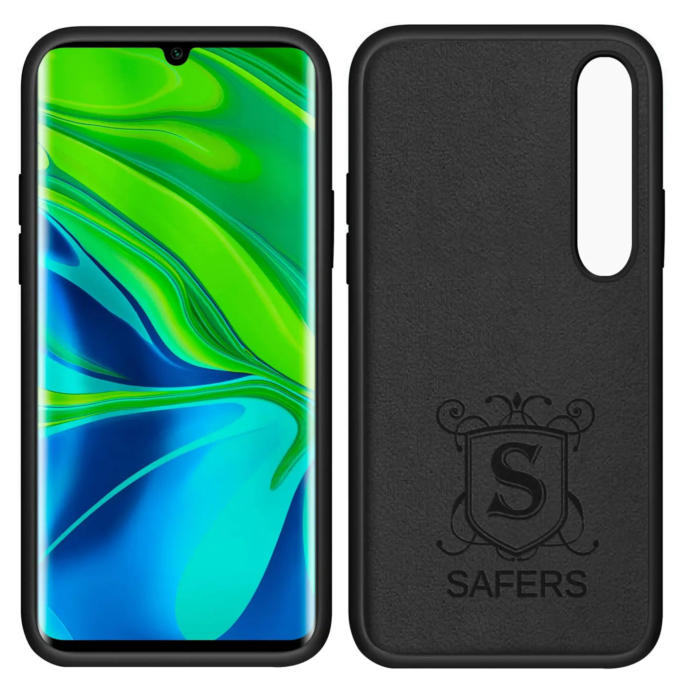 Schwarze Silikonhülle für Xiaomi Mi Note 10/Pro, Rückseite mit Logo. Vorderseite mit Display.