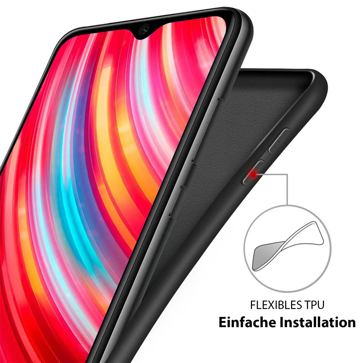 Schwarze Silikonhülle für Xiaomi Mi Note 10 / Pro, Seitenansicht, Mikrofaser-Innenfutter.