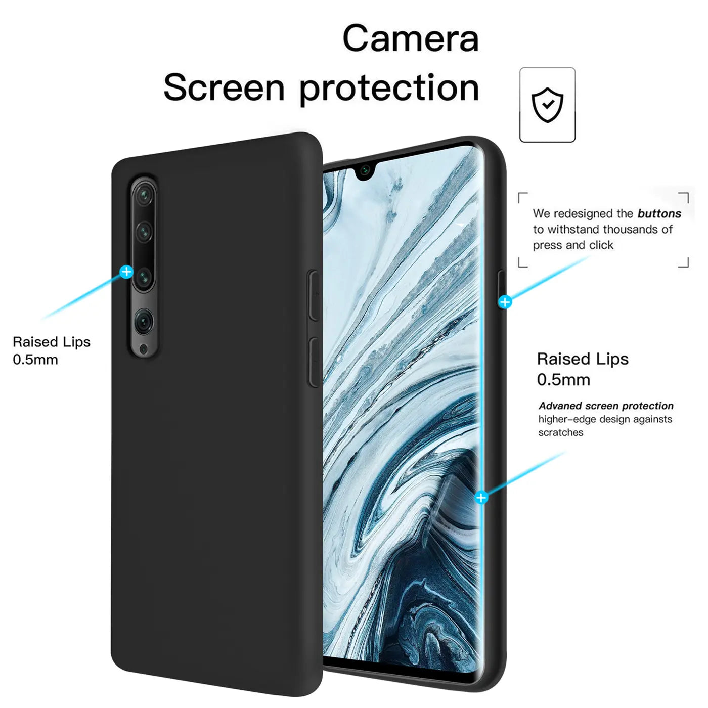 Schwarze Silikonhülle für Xiaomi Mi Note 10 / Pro, Rückansicht, mit offenem Display.