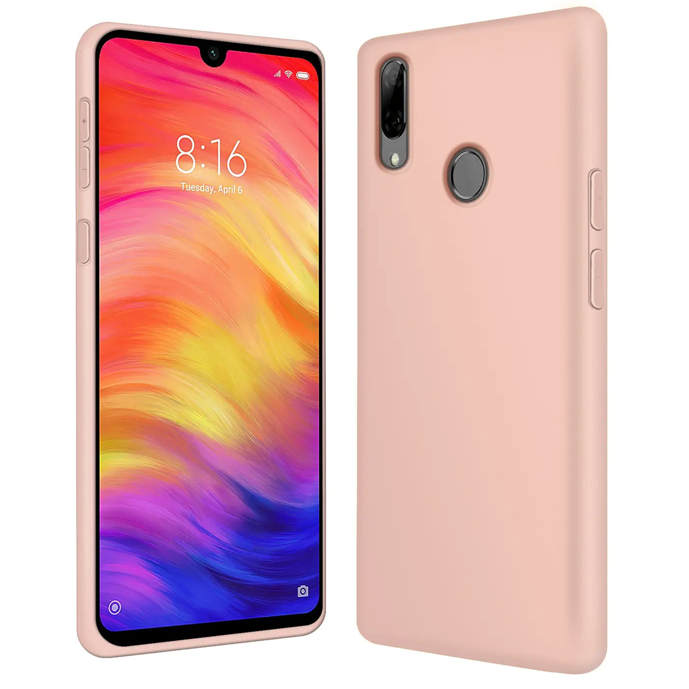 Rosa Silikonhülle für Xiaomi Redmi Note 7, von vorne und schräg hinten gezeigt.