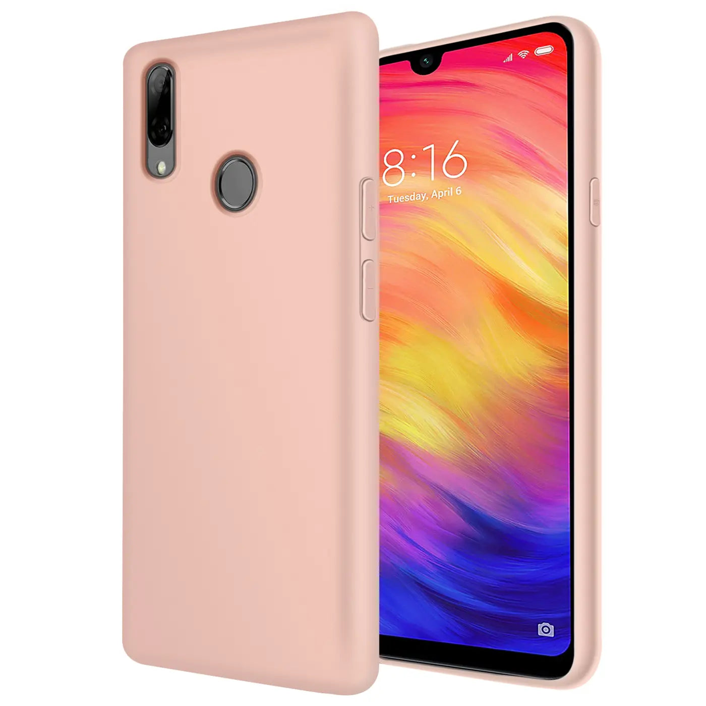 Rosa Silikonhülle für Xiaomi Redmi Note 7, von vorne links, mit Fingerabdrucksensor.