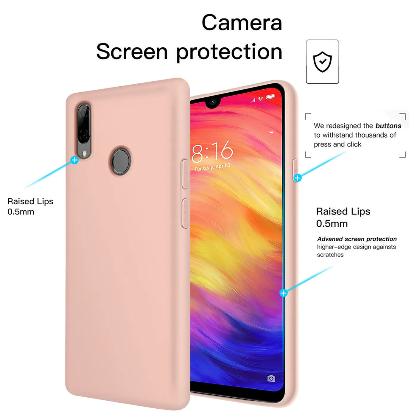Rosa Silikonhülle für Xiaomi Redmi Note 7, von vorne/seitlich.