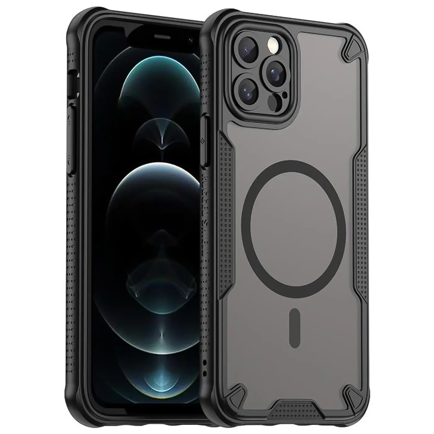 Schwarzes, stoßfestes iPhone 12 Pro Case mit MagSafe-Ring, Vorder- und Rückansicht.