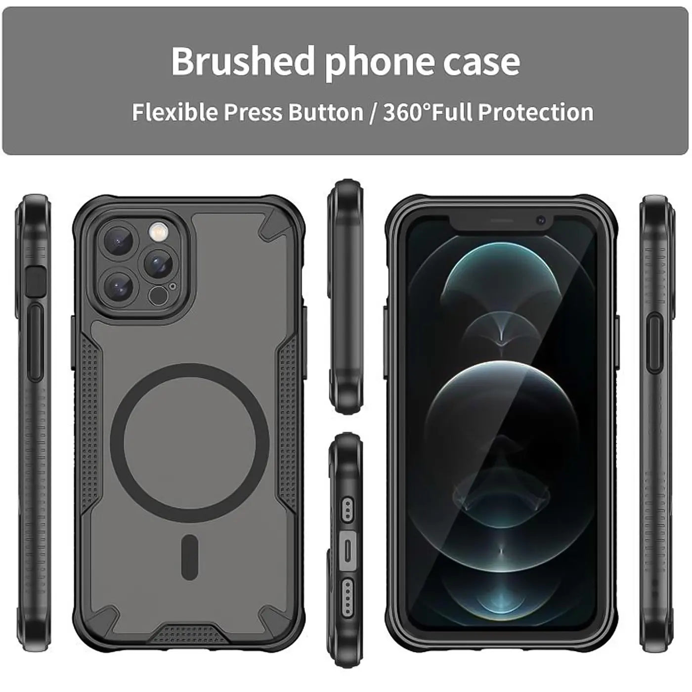 Graue Hülle aus Kunststoff/Gummi für iPhone 12 Pro, verschiedene Ansichten.