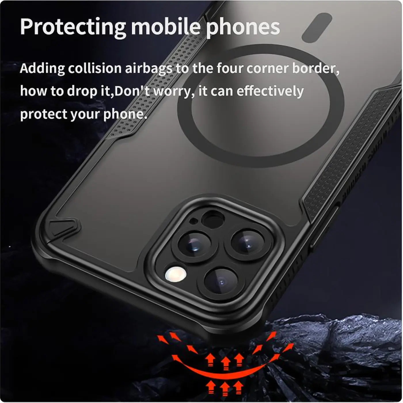 Schwarzes, stoßfestes iPhone 12 Pro Case, Rückansicht, MagSafe-Ring sichtbar.