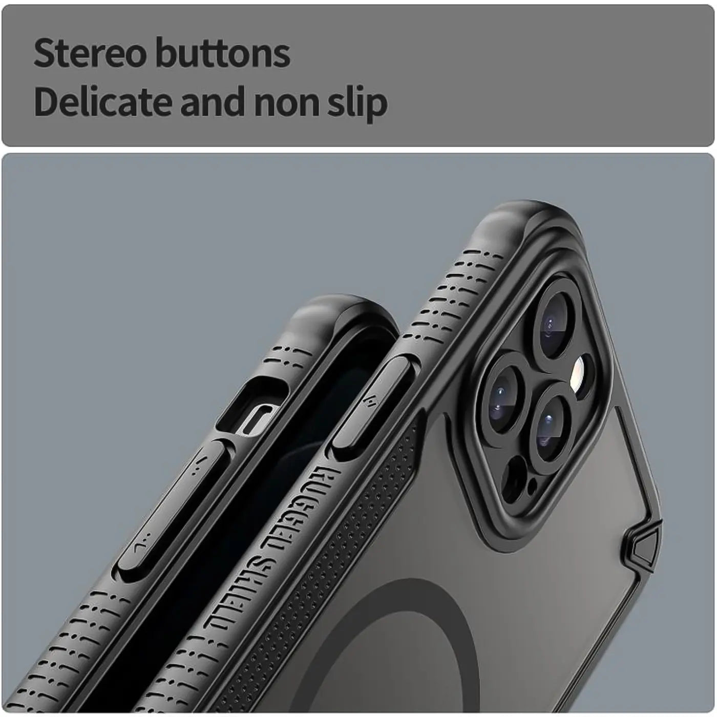 Schwarzes, stoßfestes iPhone 12 Pro Hülle, von schräg oben, mit MagSafe-Ring.