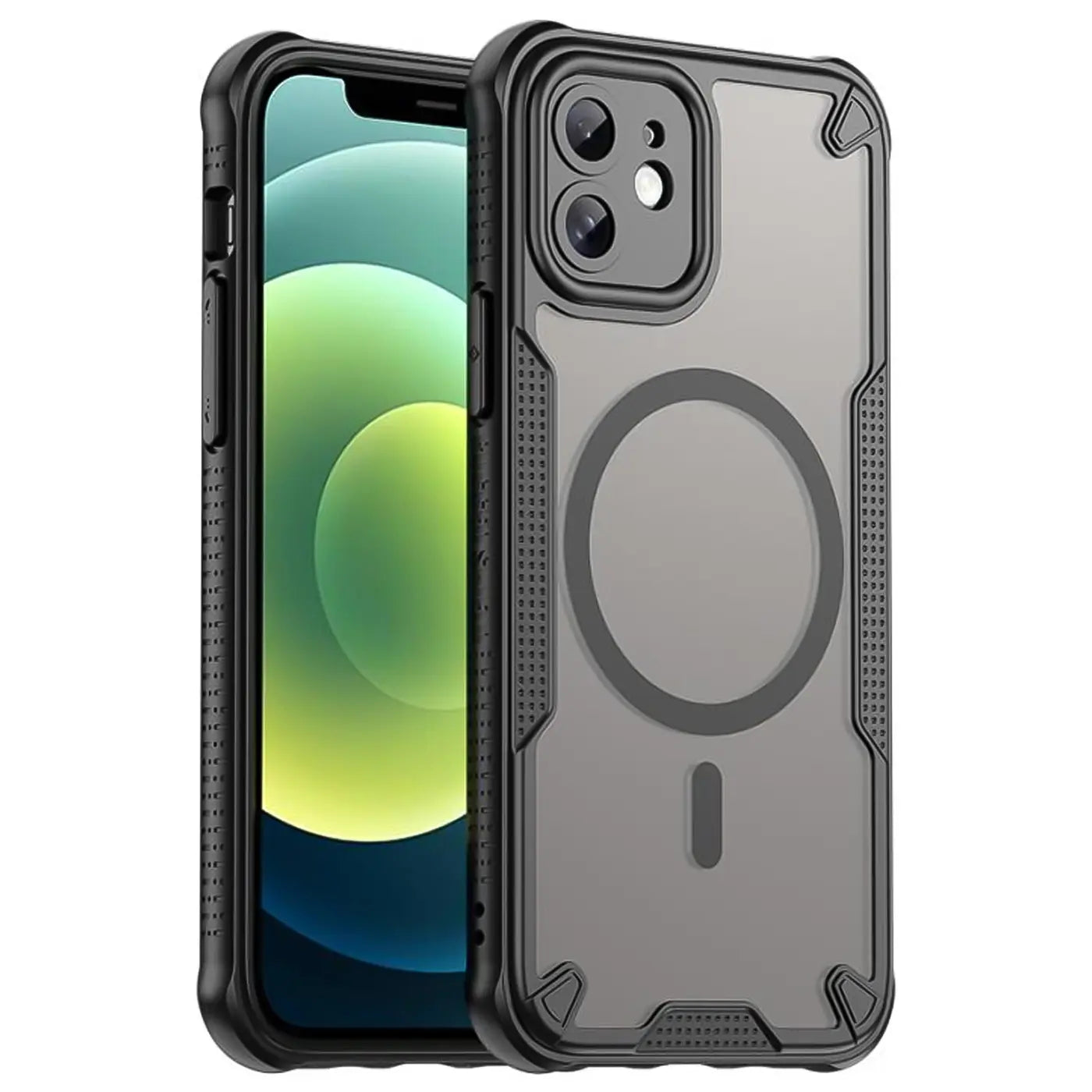 Schwarzes, stoßfestes MagSafe-Case aus Kunststoff für iPhone 12, Seitenansicht.