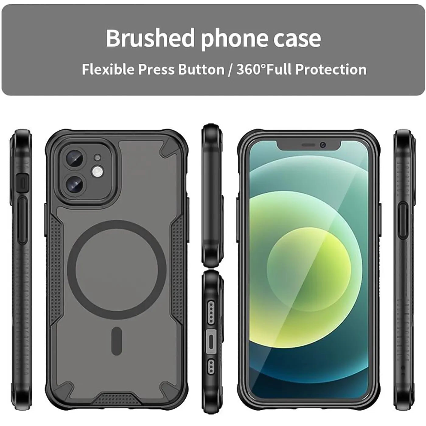 Schwarzes iPhone 12 mit MagSafe Hülle, von vorne, Seite, Rückseite, Oberseite, Unterseite
