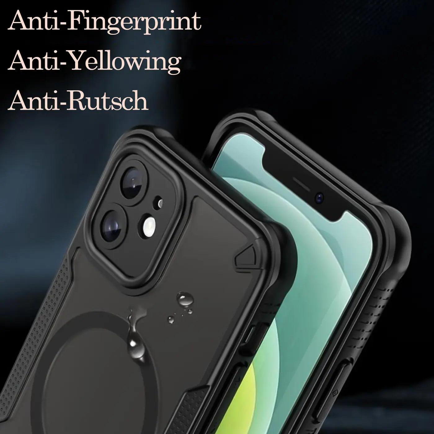Schwarzes, stoßfestes iPhone 12 Case aus Kunststoff, Nahaufnahme von hinten und Seite.