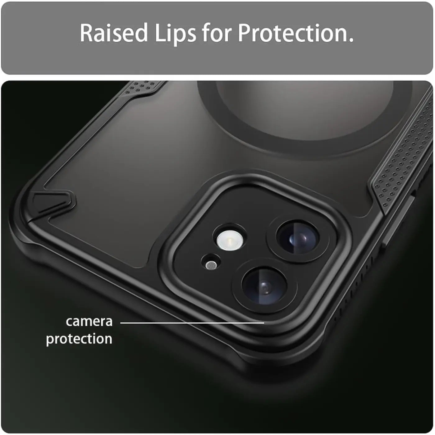 Schwarzes, stoßfestes Case für iPhone 12, Nahaufnahme der Kamera, von oben links.