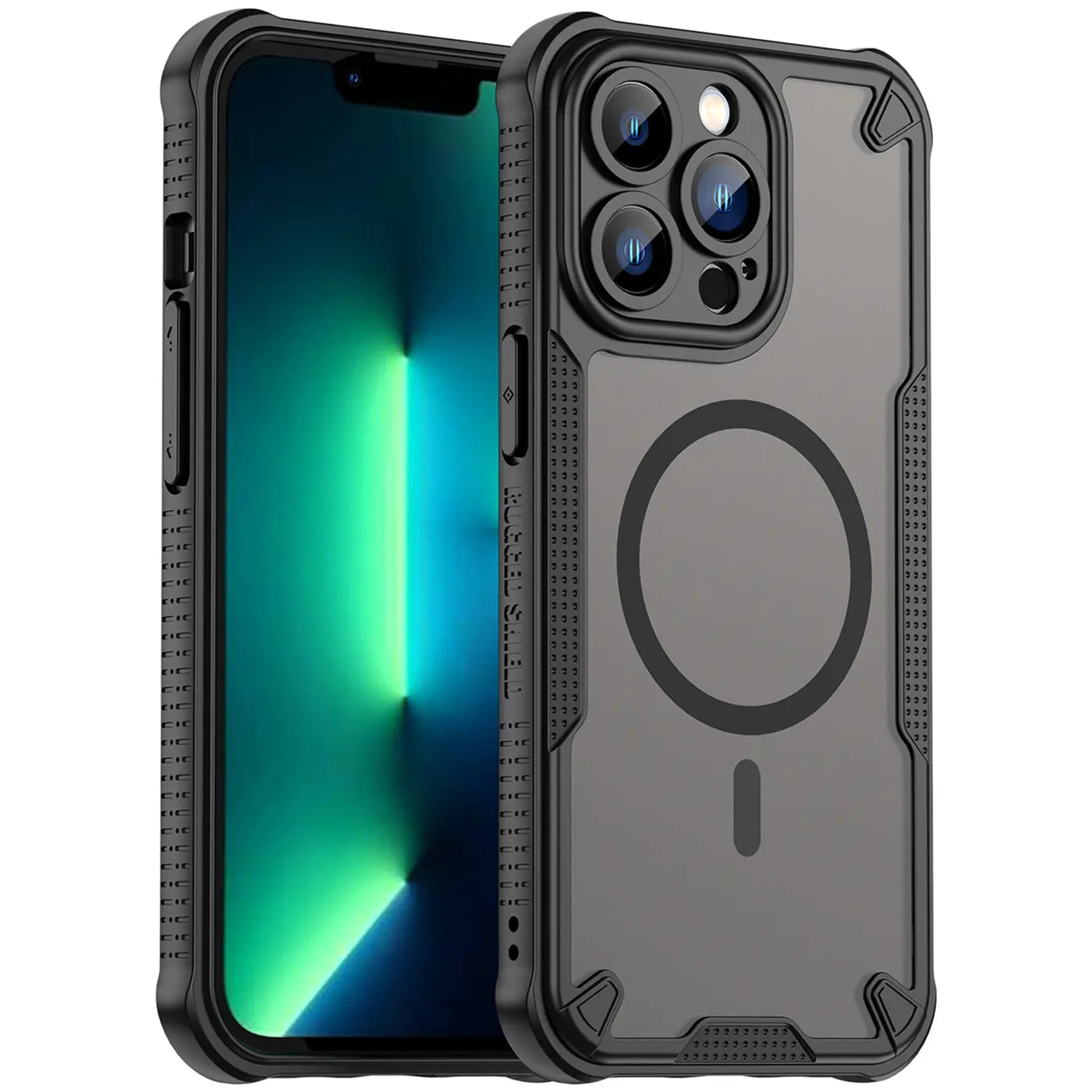 Schwarzes MagSafe-Case aus Kunststoff für iPhone 13 Pro Max, Seitenansicht.