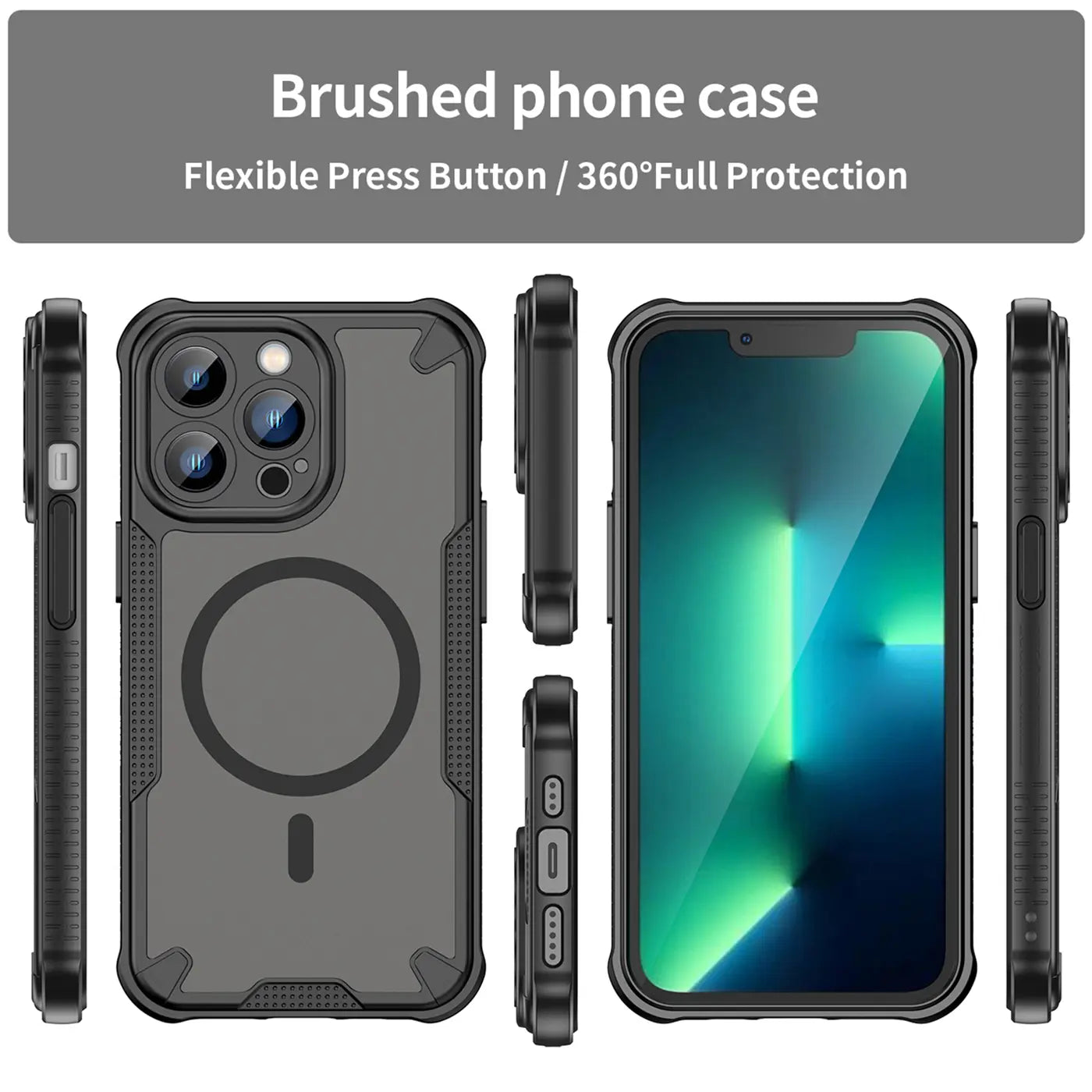 Graue Hülle aus Kunststoff/TPU für iPhone 13 Pro, von vorne, Seite, Rückseite, von oben/unten.