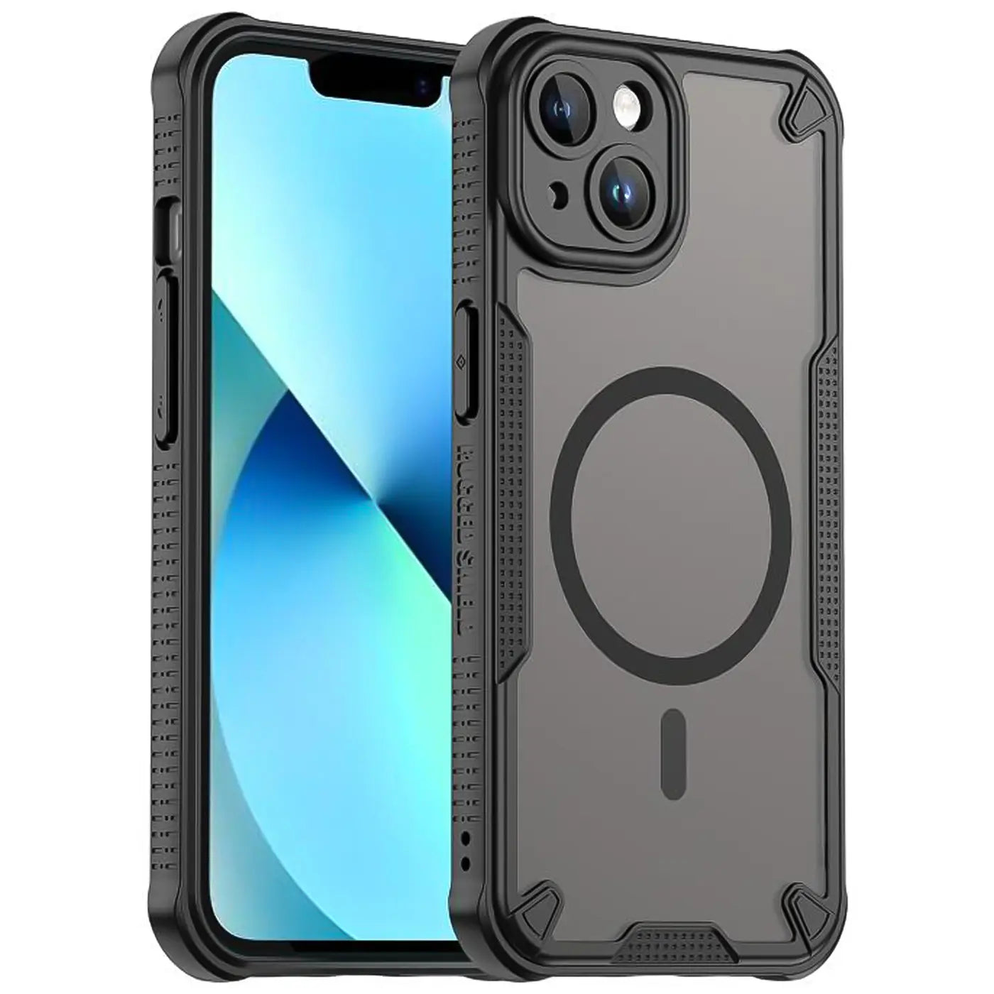 Schwarzes iPhone 13 mit MagSafe Hülle, von vorne, Kunststoff, stoßfest.