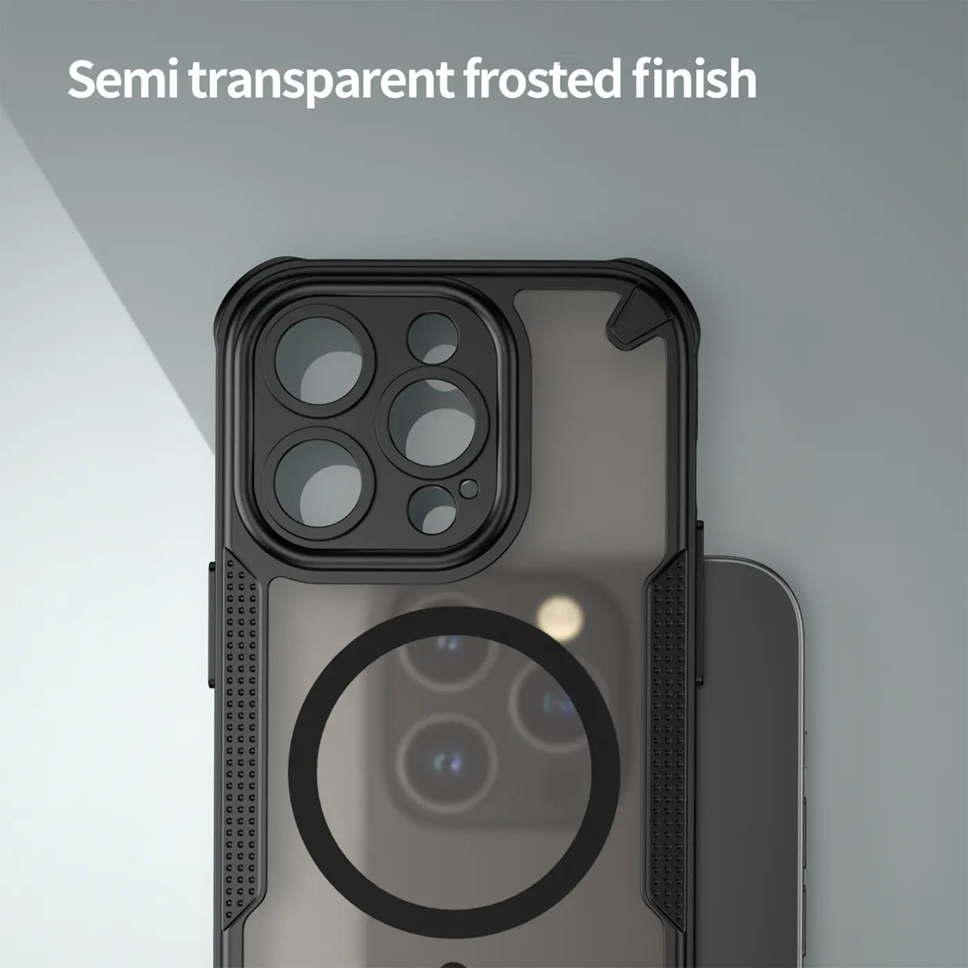 Schwarzes, stoßfestes MagSafe-Case aus Kunststoff für iPhone 14 Pro Max, Rückansicht.