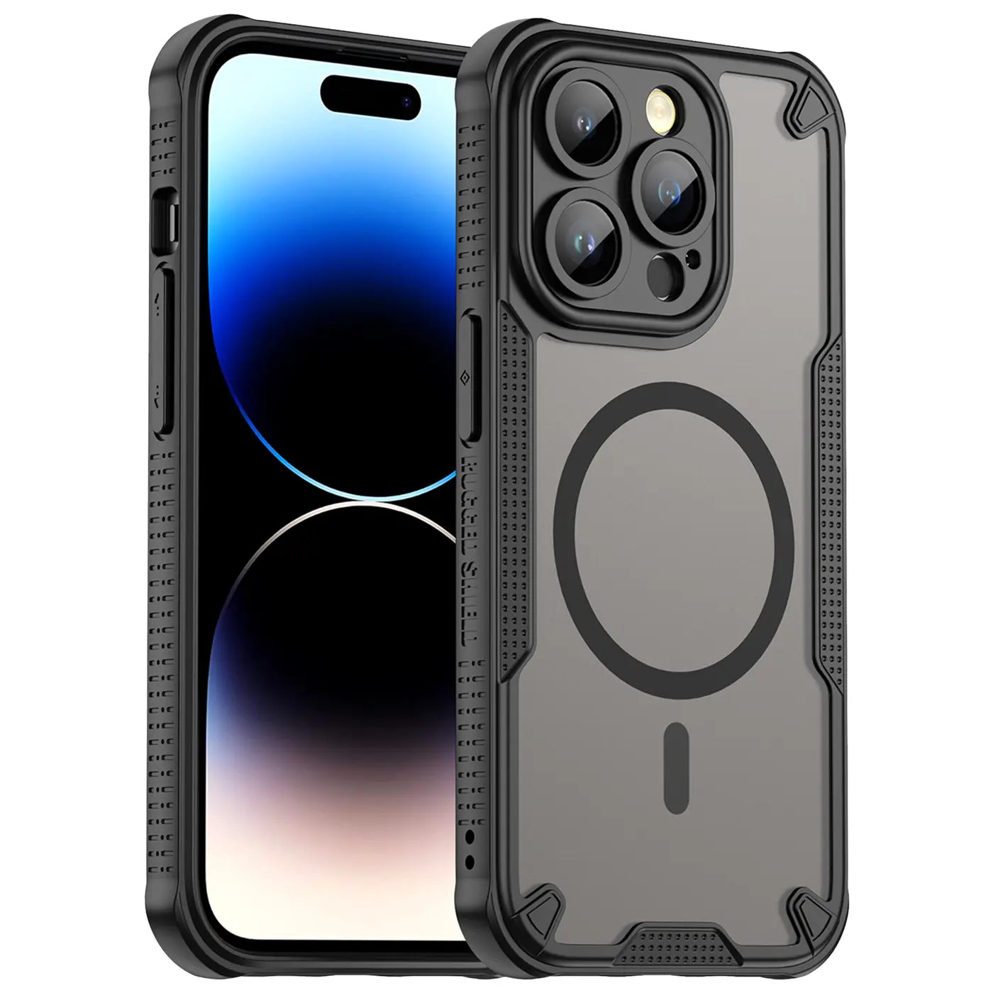 Schwarzes, stoßfestes iPhone 14 Pro Case mit MagSafe, von vorne links gezeigt.