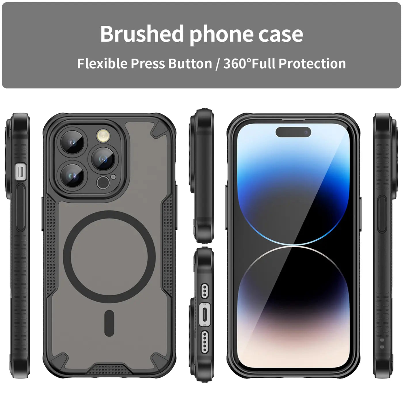 iPhone 14 Pro Hülle, schwarz, Kunststoff, verschiedene Ansichten, MagSafe-Ring