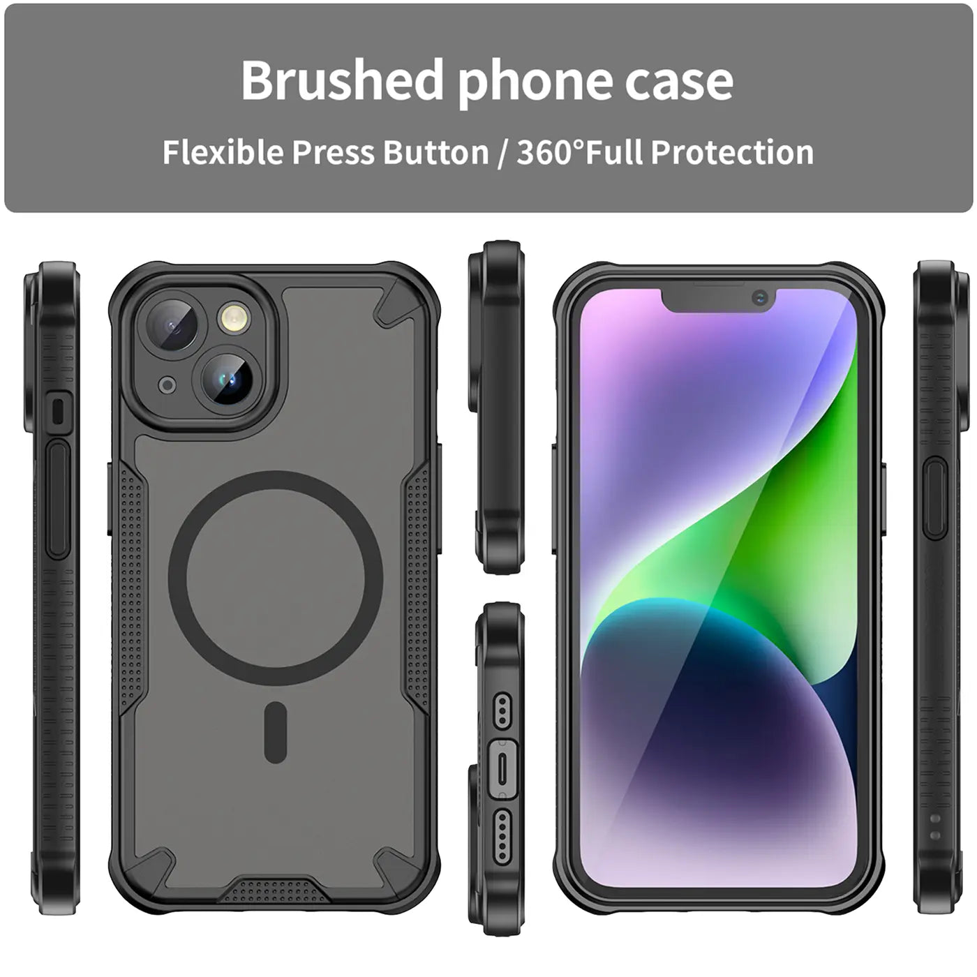 Graues, stoßfestes iPhone 14 Hülle, MagSafe, verschiedene Ansichten.