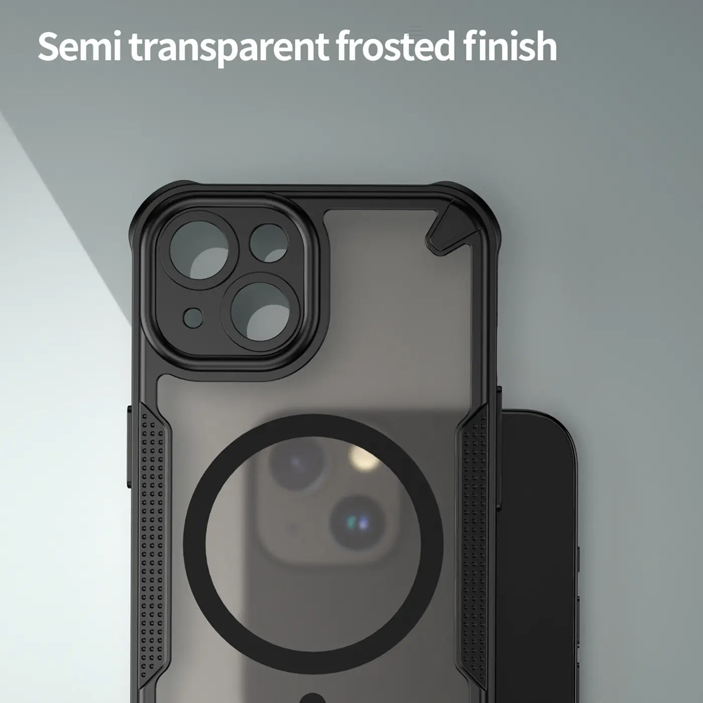 Schwarzes, stoßfestes MagSafe-Case aus Kunststoff für iPhone 14, Rückansicht.