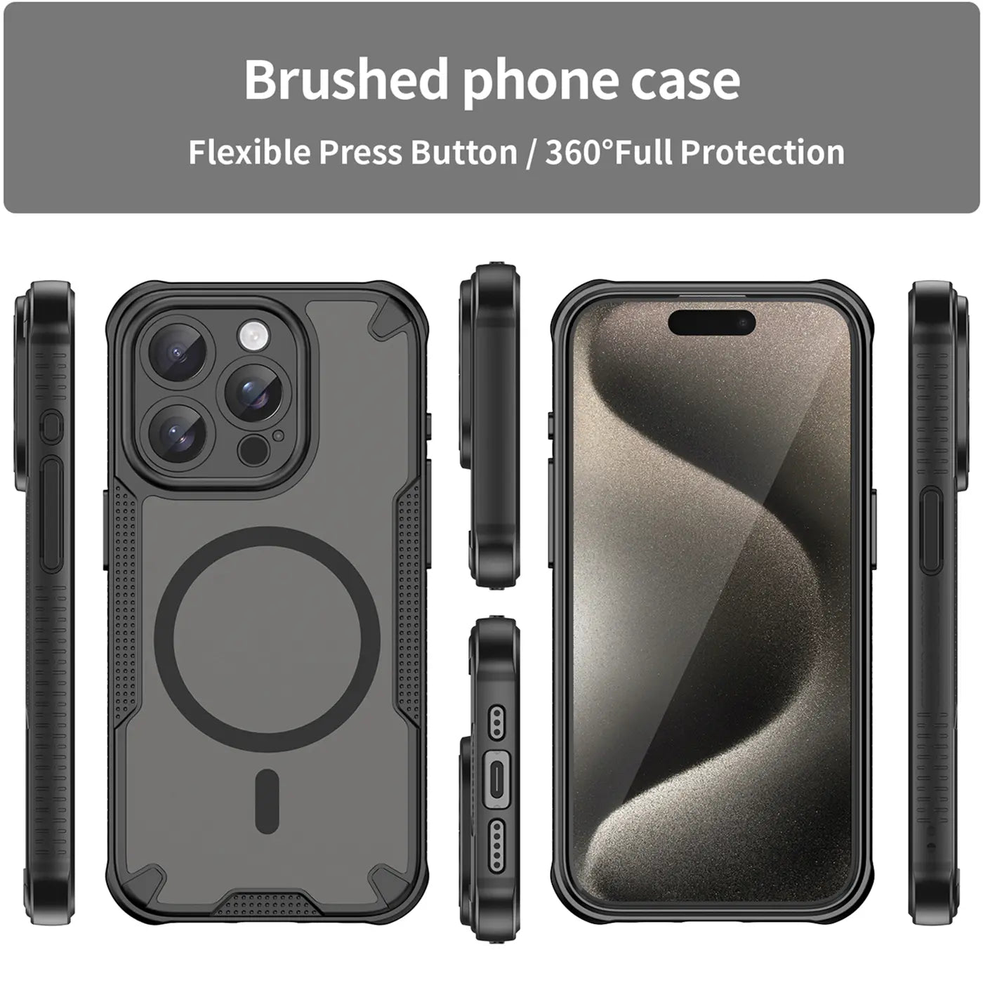 Schwarzes, stoßfestes MagSafe-Case für iPhone 15 Pro Max, von vorne, Seite, Rückseite.
