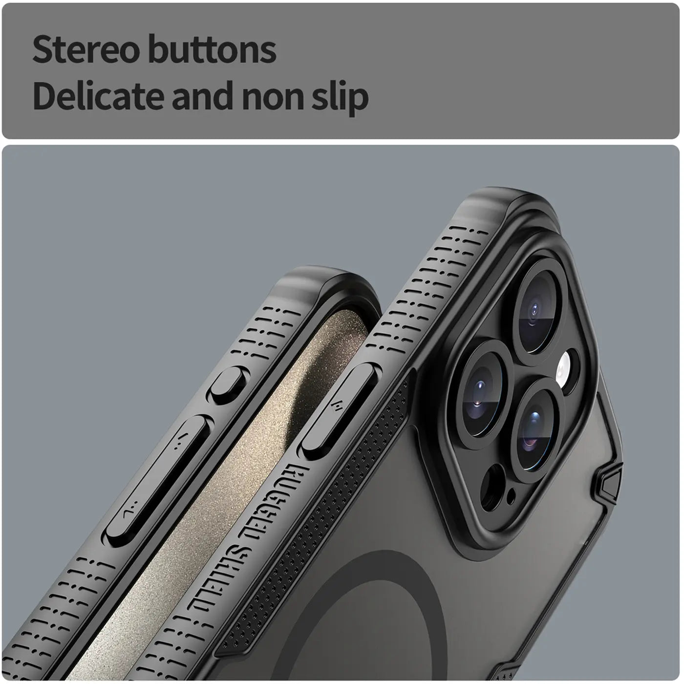 Schwarzes, stoßfestes iPhone 15 Pro Max Hülle, Rückansicht, Nahaufnahme, Materialmix