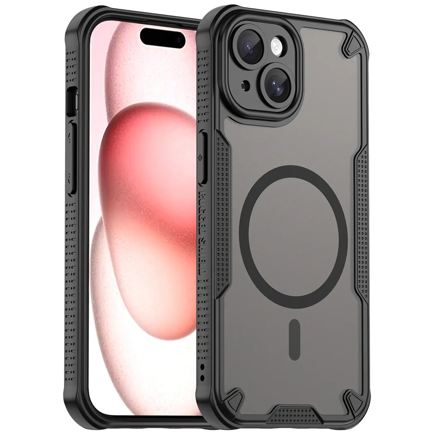 Schwarzes, stoßfestes MagSafe-Case aus Kunststoff für iPhone 15, von vorne links betrachtet.