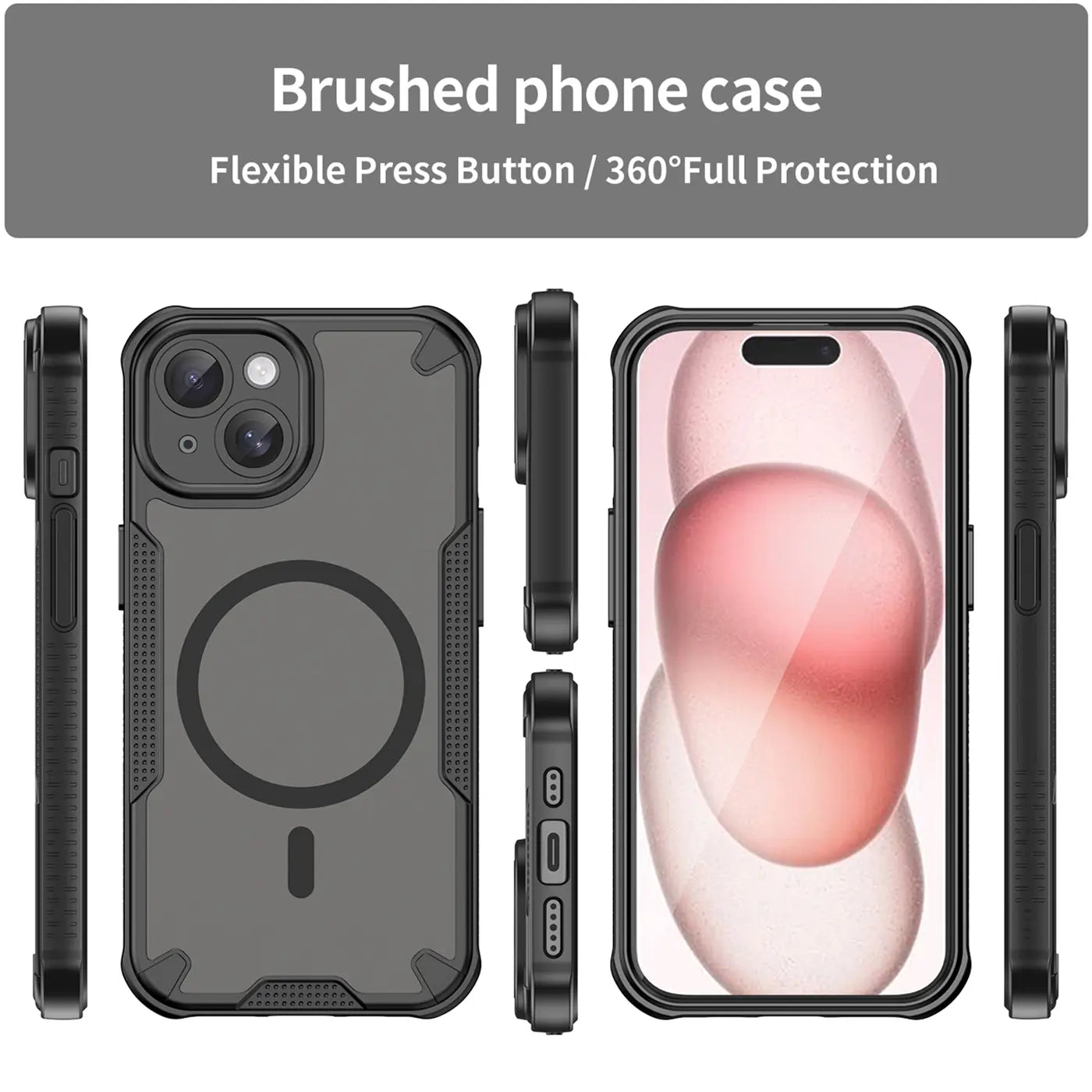 Schwarzes iPhone 15 Hülle, MagSafe, verschiedene Ansichten, stoßfest