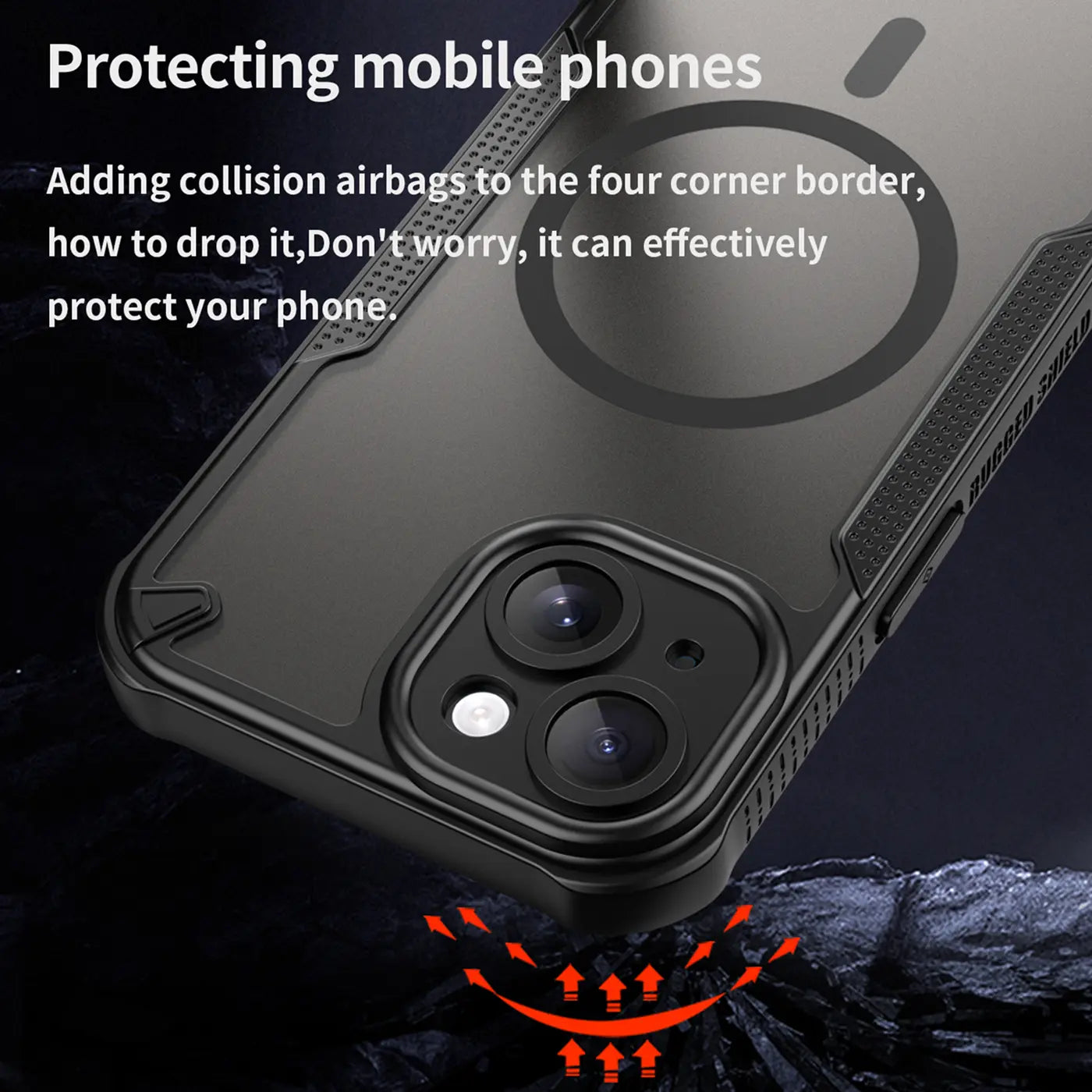 Schwarze, stoßfeste Hülle aus Kunststoff für iPhone 15, Nahaufnahme von hinten.