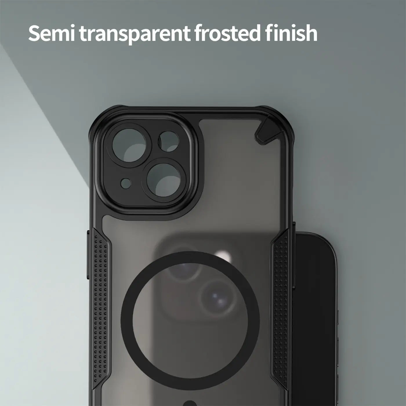 Schwarzes, stoßfestes iPhone 15 Hülle, MagSafe, Rückseite, Nahaufnahme