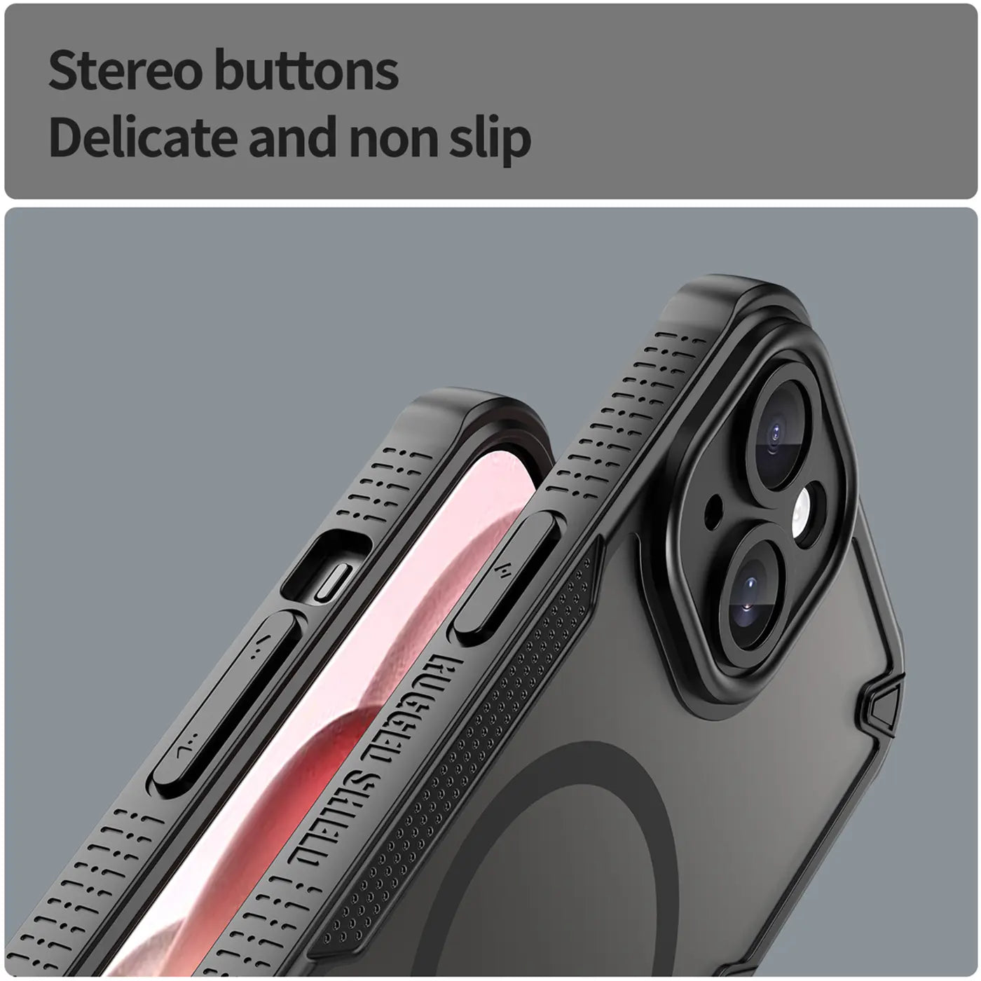 Schwarzes, stoßfestes iPhone 15 Hülle, Nahaufnahme, Rückseite mit Kameras