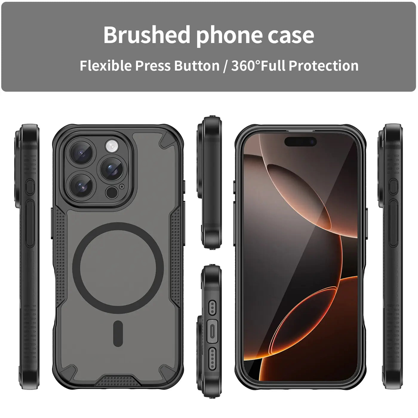 Schwarzes, stoßfestes iPhone 16 Pro Max Hülle, MagSafe, verschiedene Ansichten.
