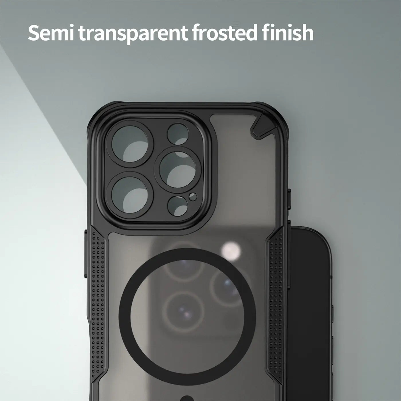 iPhone 16 Pro Max Hülle, schwarz, halbtransparent, MagSafe, Rückansicht