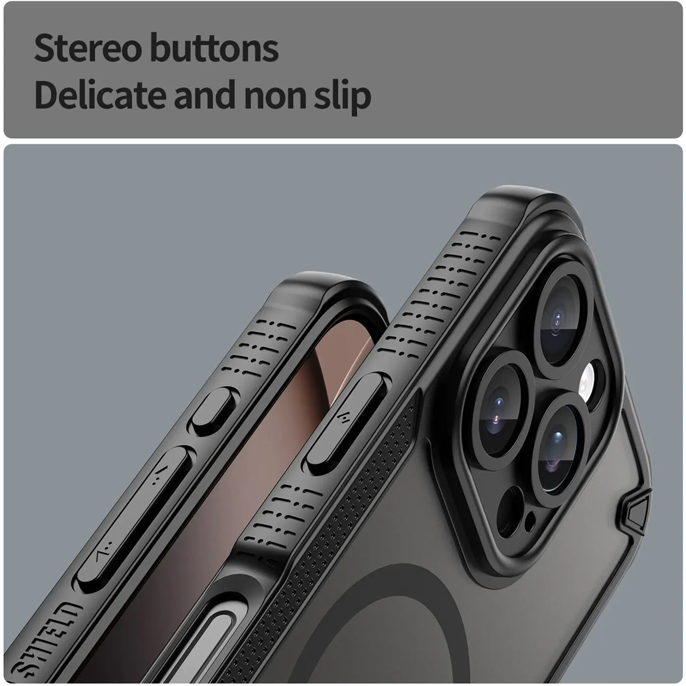 Schwarzes, stoßfestes iPhone 16 Pro Max Hülle, Nahaufnahme, von der Seite, mit MagSafe
