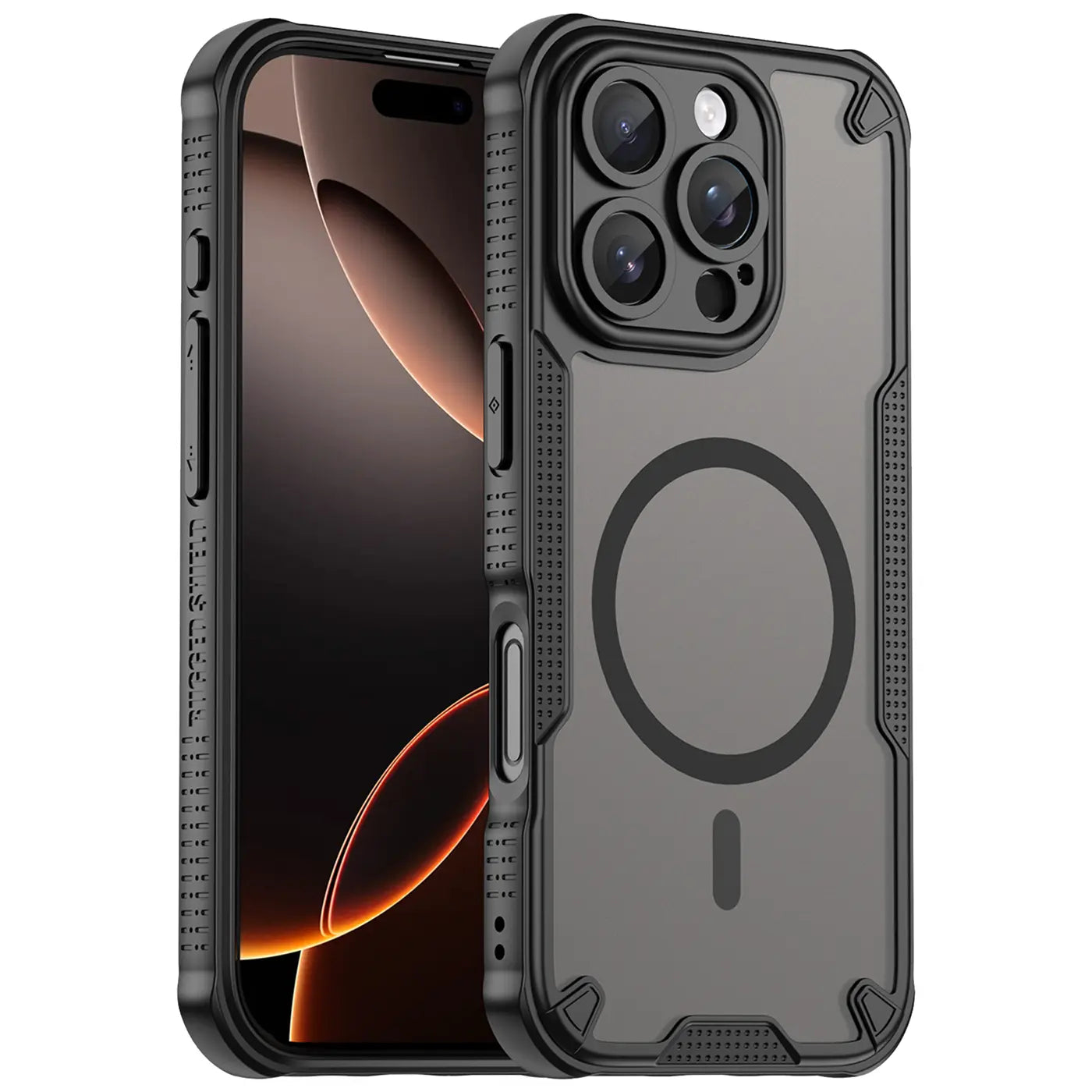 Schwarzes, stoßfestes MagSafe-Case aus Kunststoff für iPhone 16 Pro, Seitenansicht.