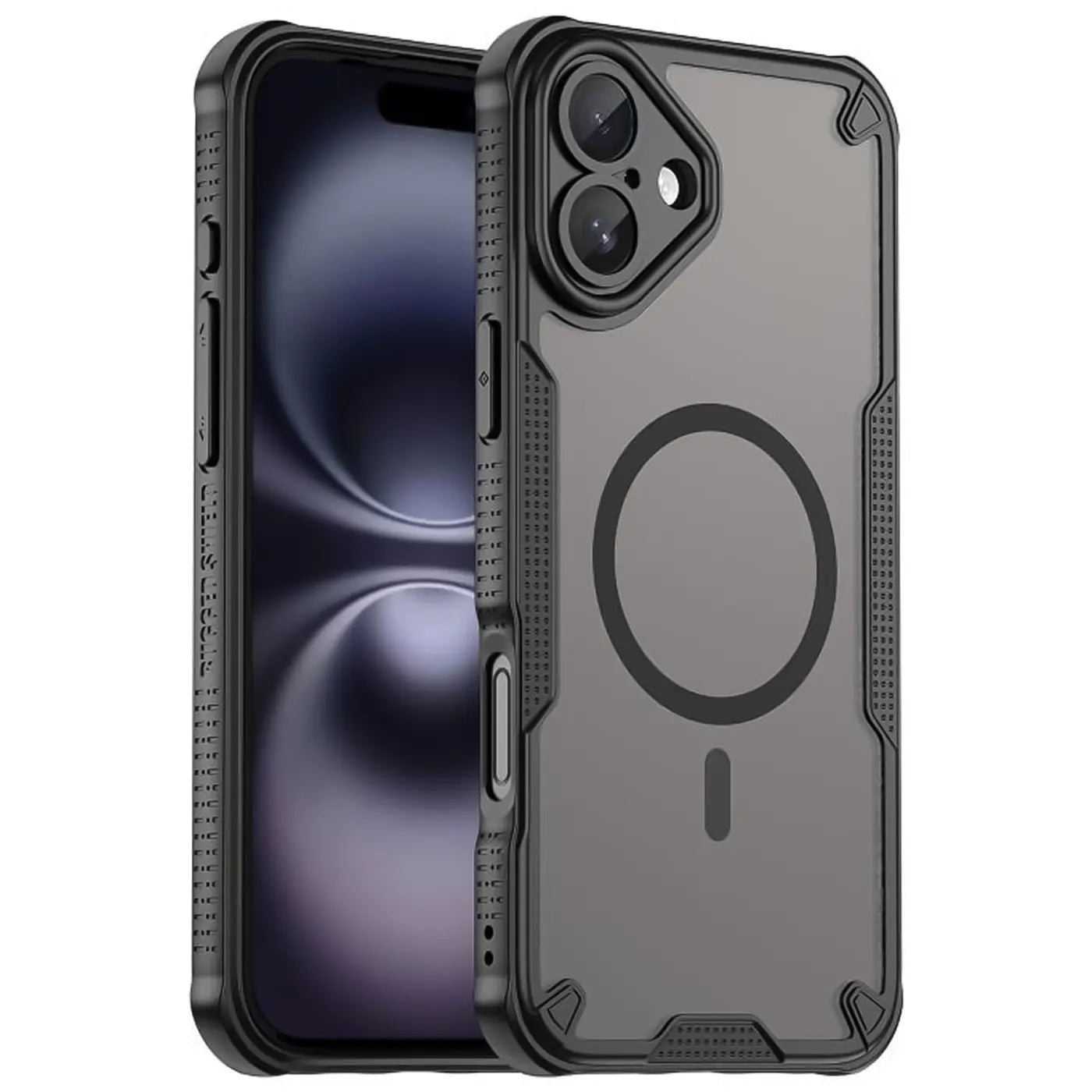 Schwarzes MagSafe-Case aus Kunststoff für iPhone 16, von vorne schräg gezeigt.