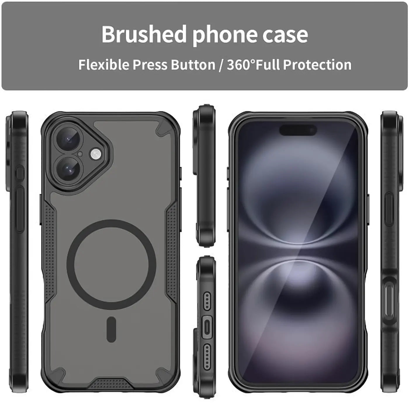 Dunkelgraues MagSafe-Case aus Kunststoff, verschiedene Ansichten, zeigt iPhone 16.