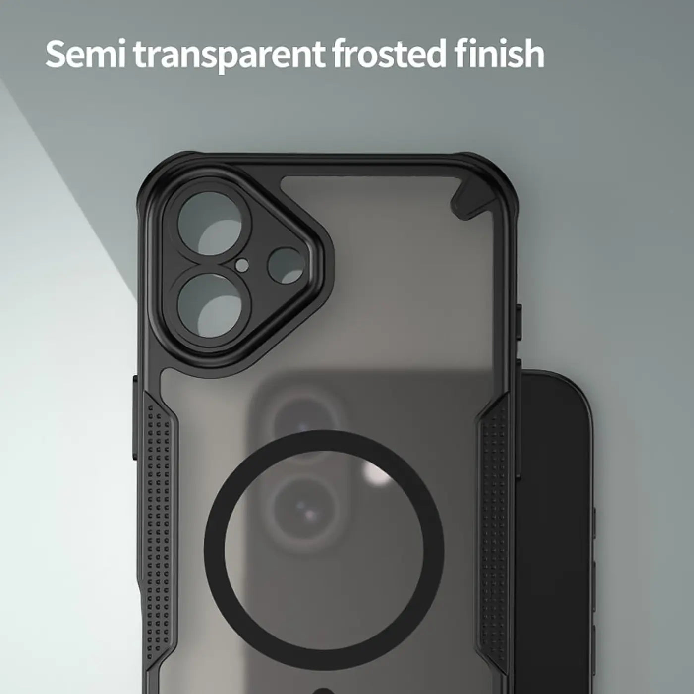 Schwarzes, stoßfestes MagSafe-Case aus Kunststoff, Rückansicht, iPhone 16 erkennbar