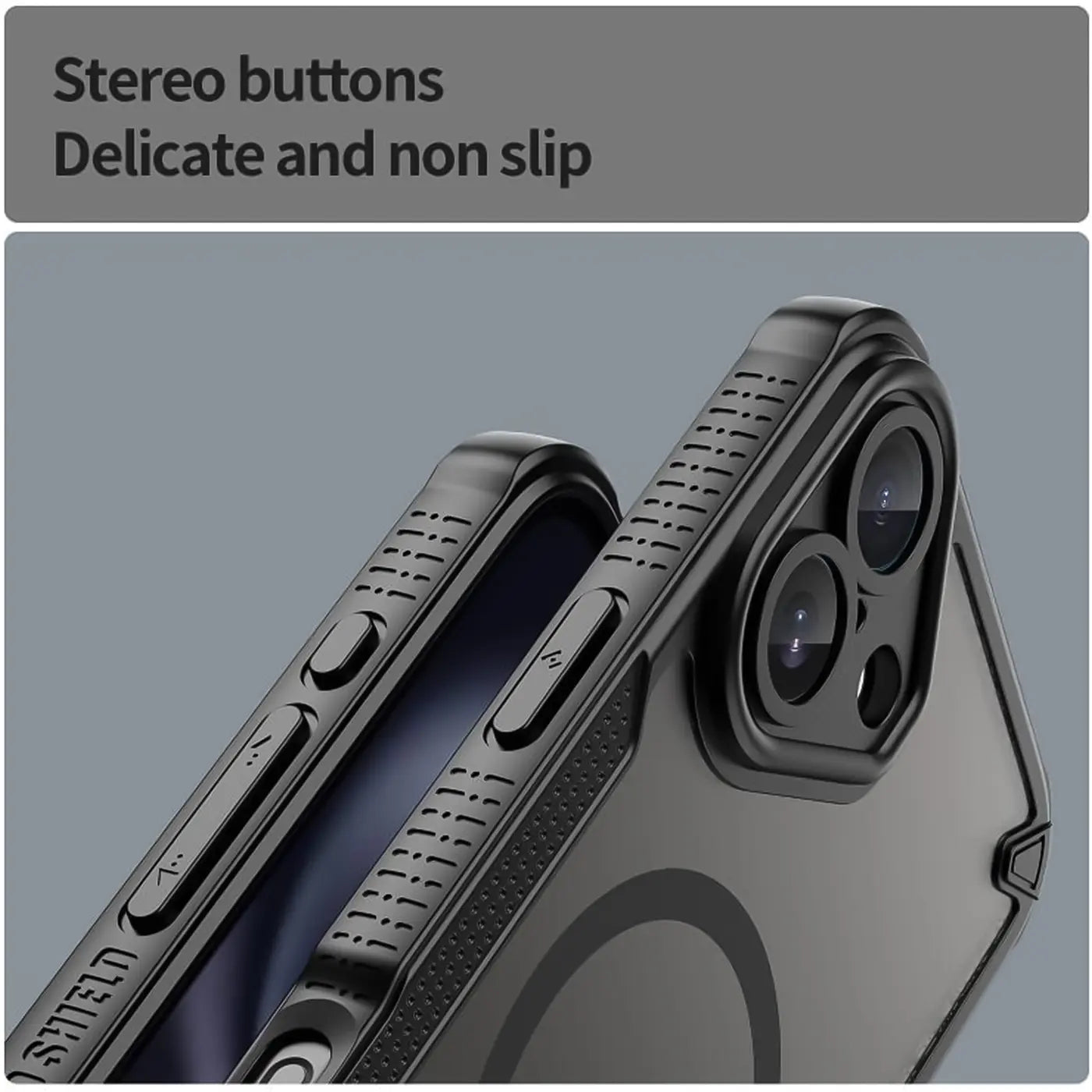 Schwarzes, stoßfestes iPhone 16 Hülle, Nahaufnahme der Seitenansicht mit Tasten.