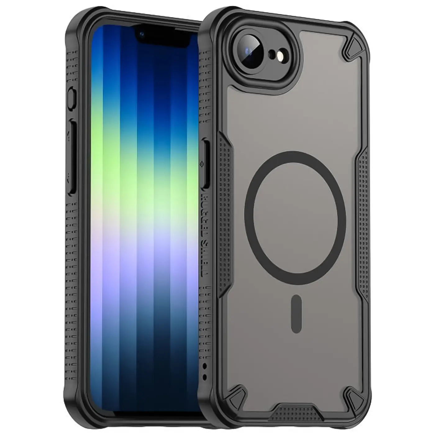 Schwarzes MagSafe Case aus Kunststoff für iPhone 16e, von vorne links gezeigt.