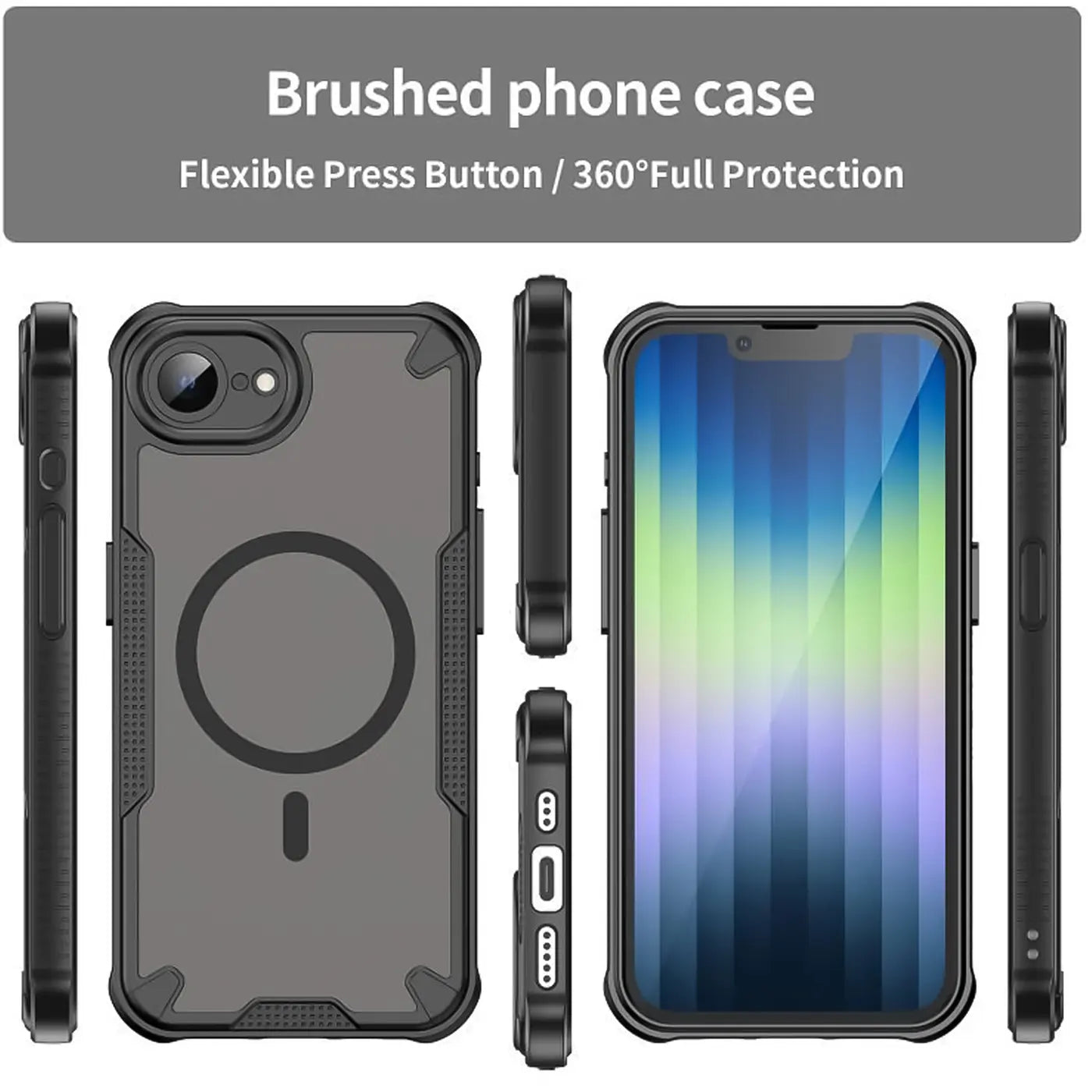 Schwarzes MagSafe-Case aus Kunststoff für iPhone 16e, verschiedene Ansichten.