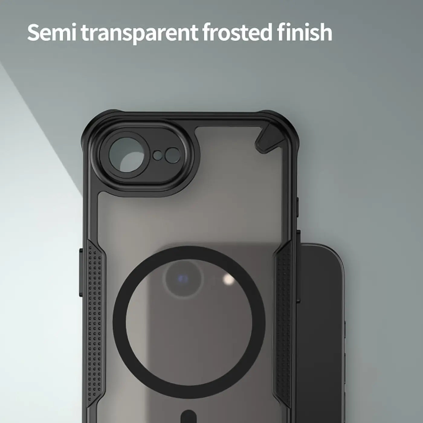 Schwarzes, stoßfestes MagSafe-Case für iPhone 16e, halbtransparent, Rückansicht.