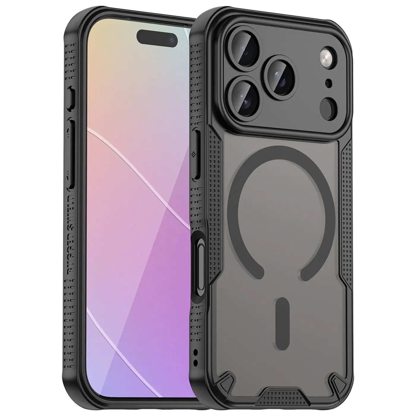 Schwarzes MagSafe-Case aus Kunststoff mit transparentem Rückteil, schräg von vorne, zeigt iPhone 17 Pro Max.