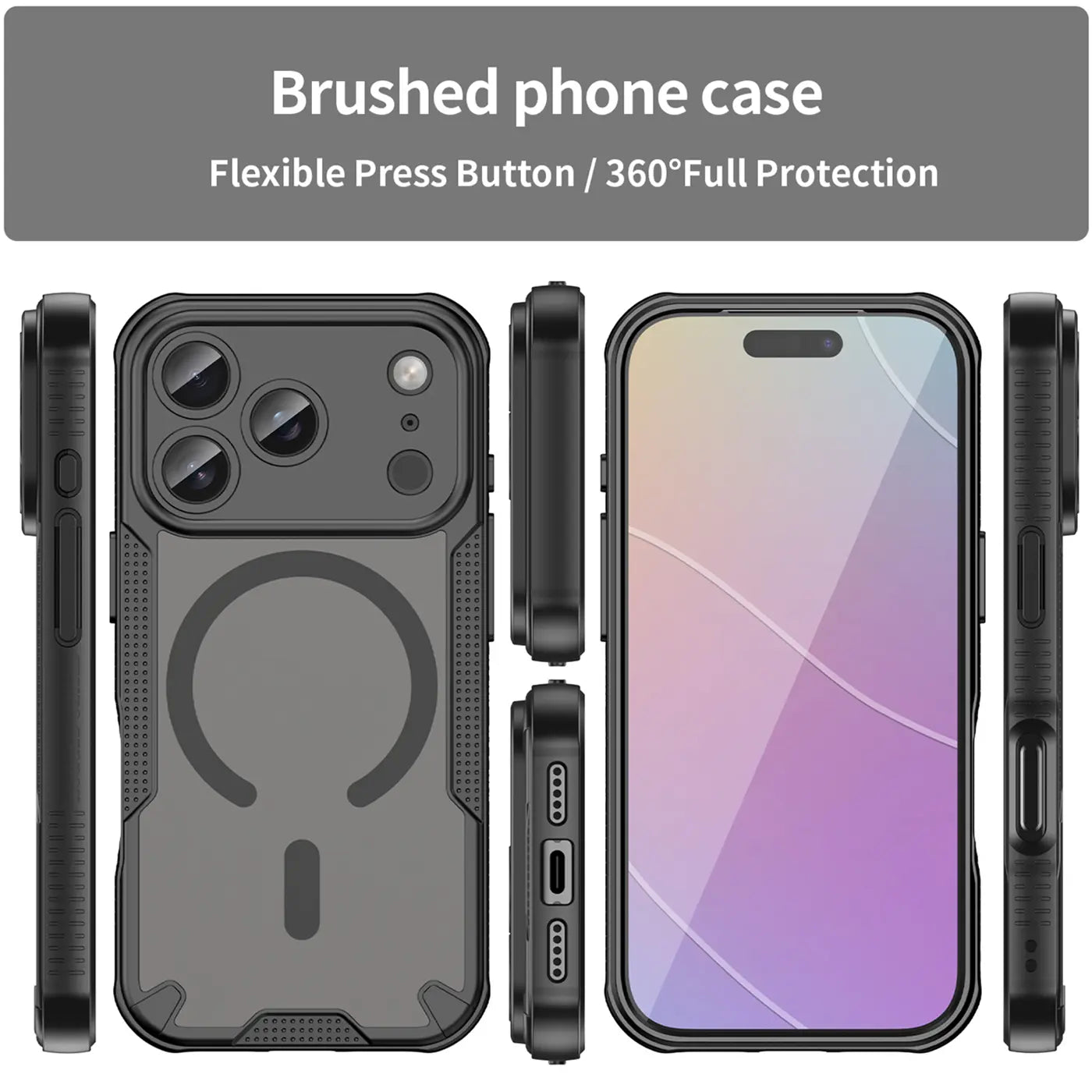 Schwarzes, stoßfestes MagSafe-Case für iPhone 17 Pro Max, verschiedene Ansichten.