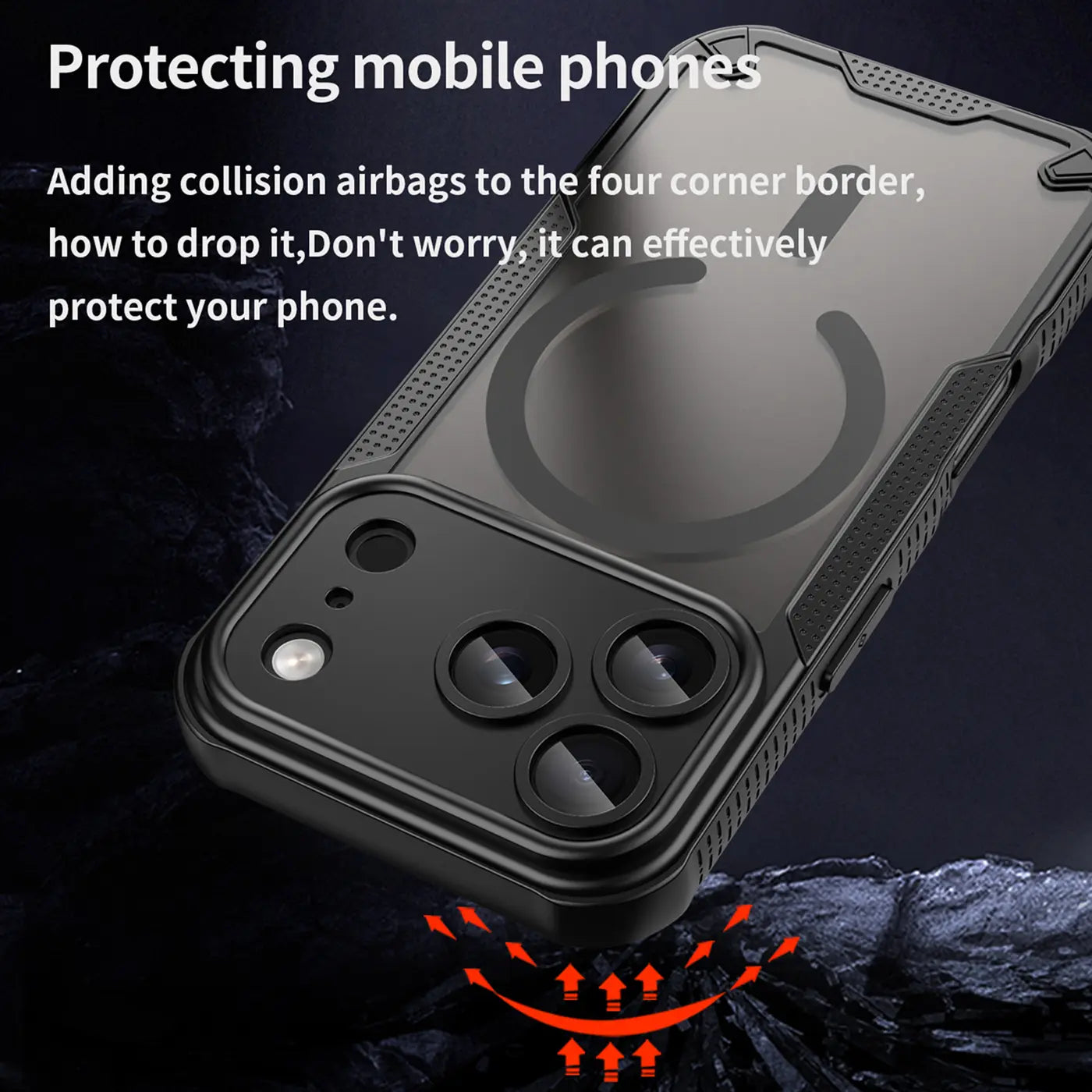 Schwarzes, stoßfestes MagSafe-Case für iPhone 17 Pro Max, von schräg oben fotografiert.
