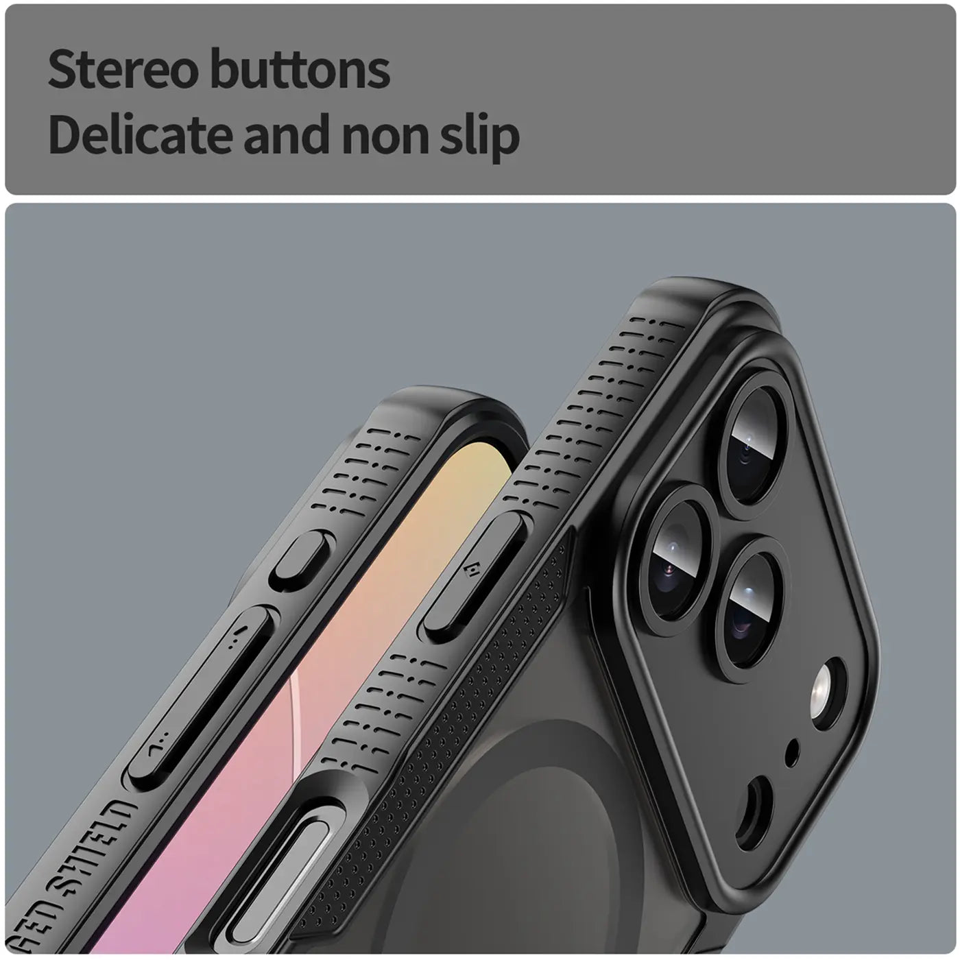 Schwarzes, stoßfestes MagSafe-Case für iPhone 17 Pro, Nahaufnahme, Seitenansicht.