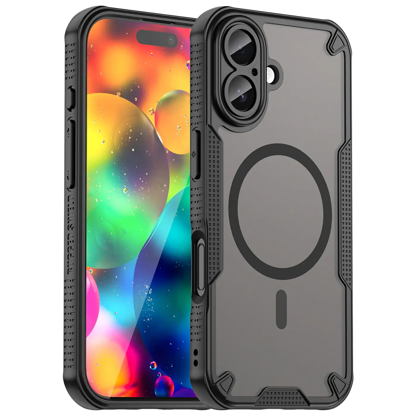 Schwarzes, stoßfestes MagSafe-Case aus Kunststoff für iPhone 17, von vorne links gezeigt.