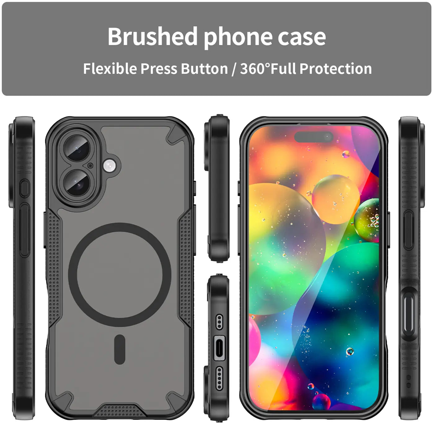Graue Handyhülle aus Kunststoff, verschiedene Ansichten, mit MagSafe-Ring, für iPhone 14/15.
